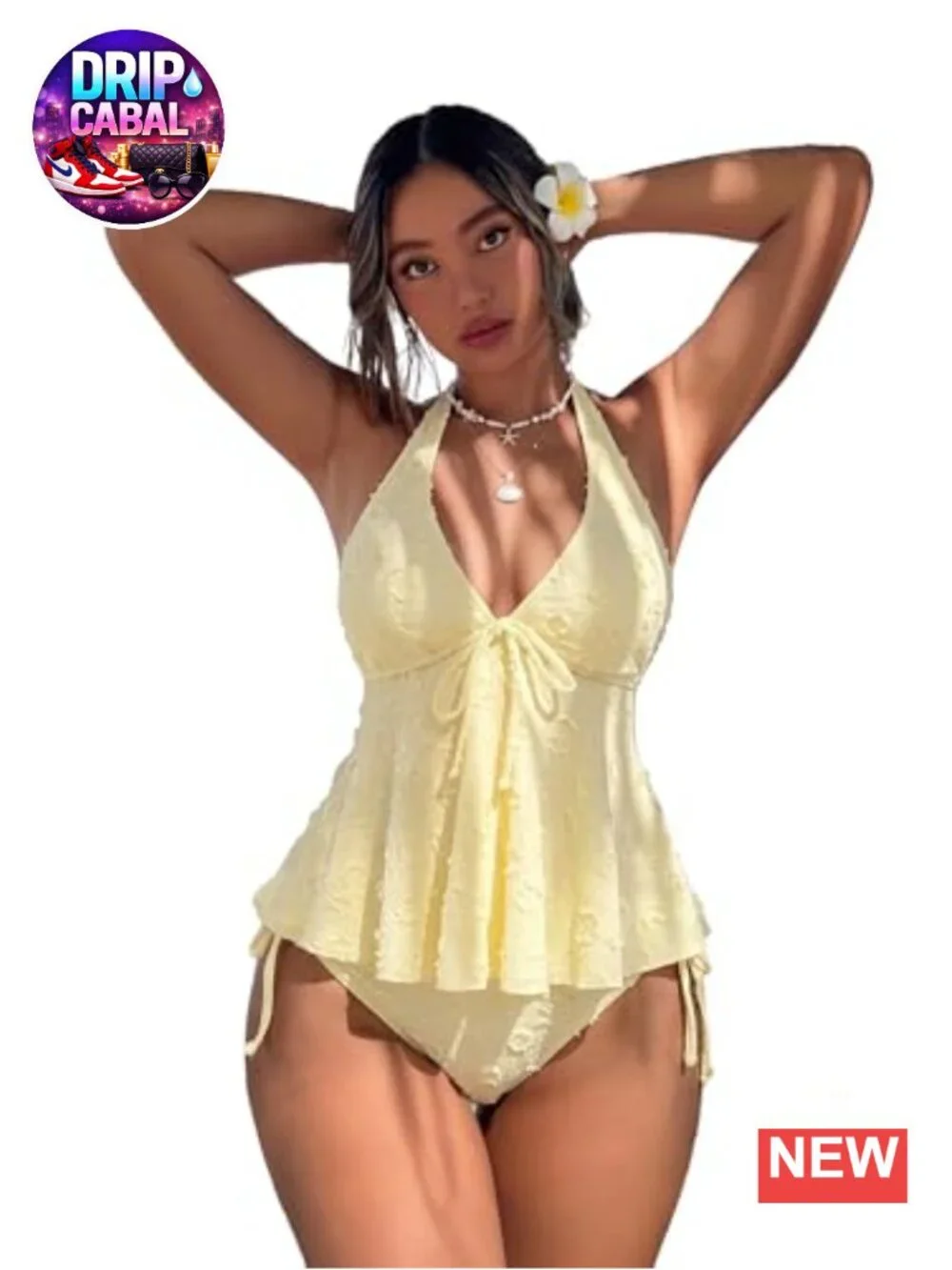 Women's Tankini Set with Textured Polka Dot Halter Top & Ruffle Hem Bottom